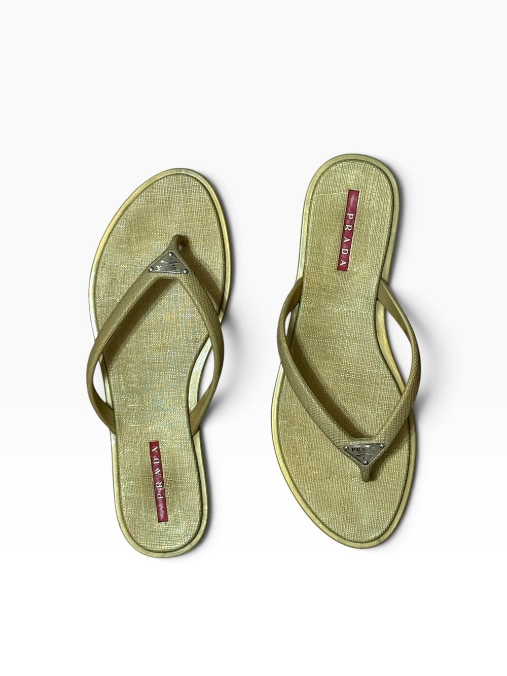 Auth Prada Linea Rossa Gold Flip Flop Sandals Metal triangle Logo 38 7.5 8